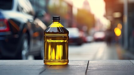 plastic bottle with oil against the service station background