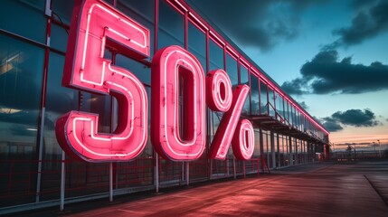 Huge neon sign 50 percent. Glowing sale light advertising. Theme of discount and commerce