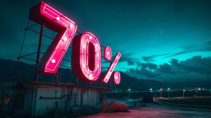 Huge neon sign 70 percent. Glowing sale light advertising. Theme of discount and commerce