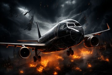 Stormy Skies. Passenger Plane Soaring Through Thunder Clouds. Catastrophe. Burning ground. Lightning in the background.