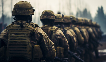 Soldiers with assault rifles from the back. - obrazy, fototapety, plakaty