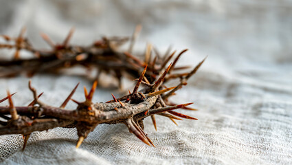 Crown of thorns of Jesus Christ on white linen background. Religion symbol of Easter celebration