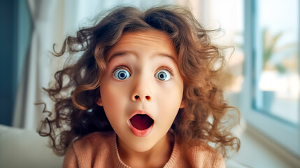  A child with curly hair and wide blue eyes shows a look of sheer amazement, her mouth open in a perfect 'o' of surprise - obrazy, fototapety, plakaty