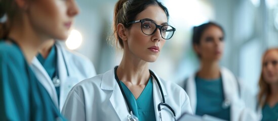 Female doctor discussing medical report with nurses. Senior general practitioner discussing patient case after surgery. Doctors working.