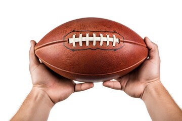 Leather american football ball in male hand on white background