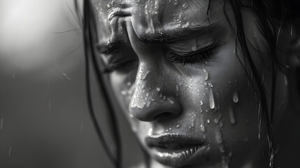 Black and White Image of a Woman Crying in the Rain