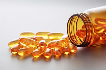 Gelatin capsules of omega 3 and glass bottle on grey background