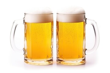 Glass mugs of beer on white background