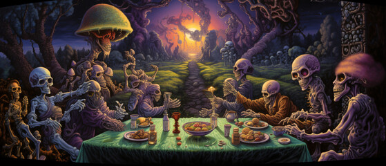 A horror painting with skeleton mushroom head