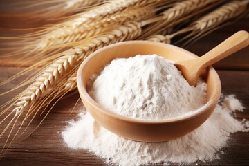 Flour in wooden bowl with wheat ears on wooden background