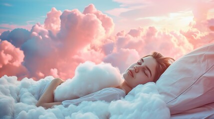 Generative AI, young woman are sleeping surrounded by fluffy cottony pink clouds in the sky - obrazy, fototapety, plakaty