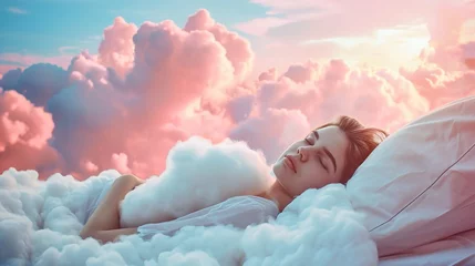 Foto op Canvas Generative AI, young woman are sleeping surrounded by fluffy cottony pink clouds in the sky © Rymma