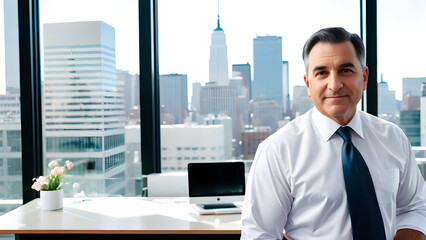 Fototapeta premium A professional middle-aged man in a white shirt and blue tie in an office with a view of the New York skyline.