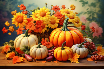 Naklejka na ściany i meble Background of autumn with pumpkins and maple leavesBackground of Thanksgiving or the harvest