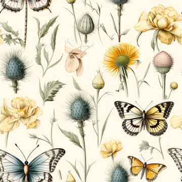 Fototapeta English botanicals in a seamless pattern with flowers and butterflies, background texture design, muted colors, vintage style