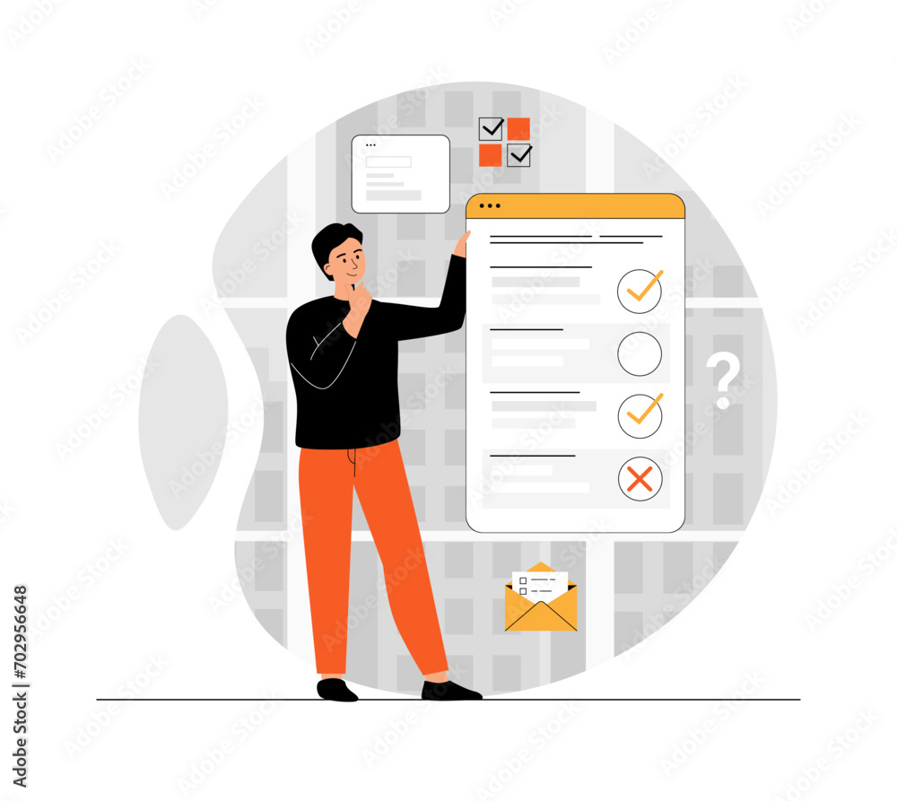 Poster online survey concept. man put cross or tick in questionnaire or quiz on web page. illustration with