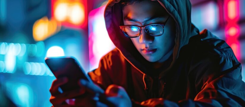 Asian male hacker stealing mobile game using cellphone in closeup.