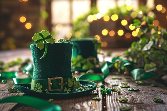 St Patrick's Day rustic wooden background with green hat, shamrocks and beads. Irish holiday concept with copy space 
