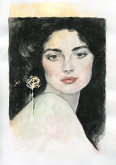 woman portrait with rose. watercolor painting. illustration