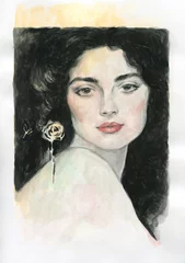 Poster Im Rahmen woman portrait with rose. watercolor painting. illustration © Anna Ismagilova