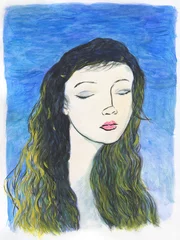 Fotobehang young girl portrait. watercolor painting. illustration © Anna Ismagilova