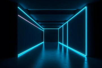 Empty Dark Futuristic Sci Fi Big Hall Room With Lights. Neural network AI generated art
