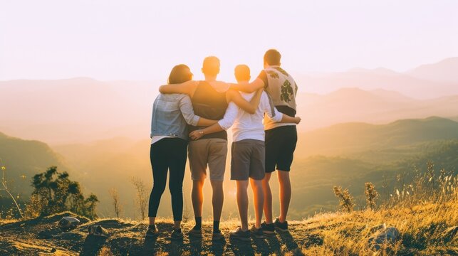 four friends, hugging and united, look at the mountains in the distance with their backs to the camera against the backdrop of nature. concept friendship, support, family