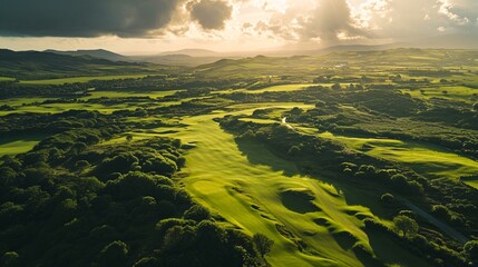 Amazing aerial view of lush green golf course with rolling hills and stunning cloudy sky. Natural...