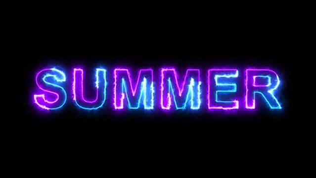 Summer, Autumn, Winter Neon Text Sign On Black Background. Blue inscription. Summer text card for season. Summer mood. Summertime. For title, text, presentation. 4K.