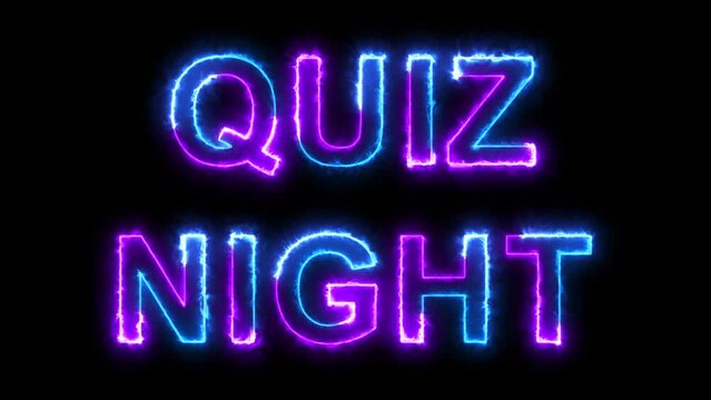 Quiz Night, Party Night and Date Night. Animated text in red and blue. Illuminated neon letters against the brick wall.Game night, leisure activity, fun and entertainment event. 4K.