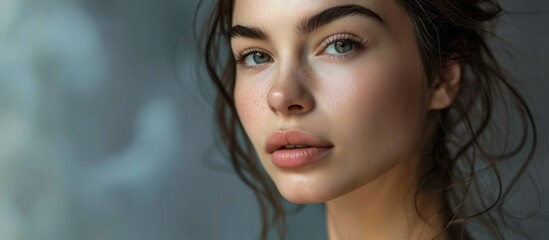 Flawless young woman showcases her smooth skin in a studio, reflecting the outcome of her skincare routine.