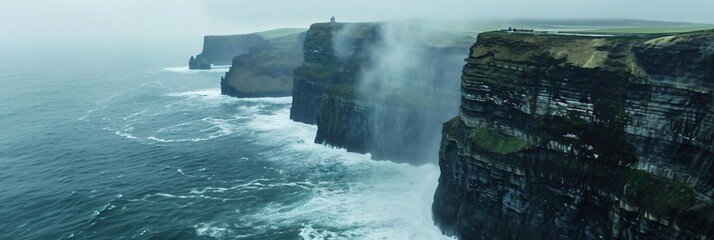 Foggy Cliffs of Moher. Majestic landscape with a view of the ocean and stormy weather in Ireland. Cliffs and wild Atlantic ocean from top view. The beauty of Irish nature, Ireland - obrazy, fototapety, plakaty