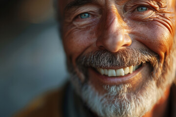 Obraz premium Close up shot of smiling bearded elderly man. Male mouth with teeth. Positive emotion