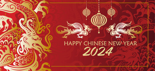 Chinese New Year, Concept holiday template for greeting card, banner, poster with Dragon symbols,