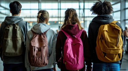Fototapeta premium Individuals are seen from behind, waiting in line at an airport terminal