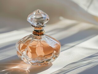 glass jar of perfume on a peach color background. conceptual cosmetics, body care, beauty, eau de toilette, space for text