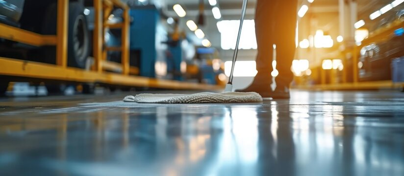 Service staff using mop to clean protective clothing of new epoxy floor in empty warehouse or car service center.