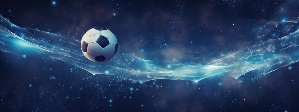 football theme poster with empty space for text on a dark blue background with stars. concept sport, football, ball, competition, league