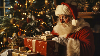 vintage Santa Claus wrapping presents, postcard. - obrazy, fototapety, plakaty