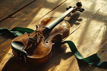 Old violin on a wooden background. Close-up. String musical instrument. Concept of classical music. Irish ambiance, Ireland - obrazy, fototapety, plakaty