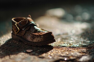  One brown leather shoe with buckle on ground. Rustic, vintage worn-out footwear on floor covered with sparkles. Single, lonely shoe left behind. Minimalistic photography concept. 