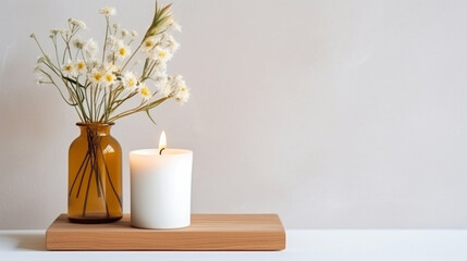 Candle and bouquet with daisies on a wooden board