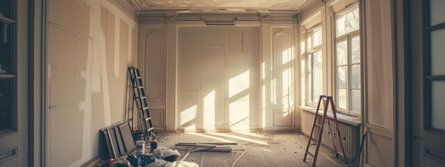 Preparation for renovation in a peach-colored apartment. ladders and a bucket of paint. empty space for text. concept: renovation, restoration, apartment purchase