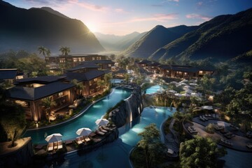 An aerial view of a luxury resort nestled in the mountains with a sparkling pool