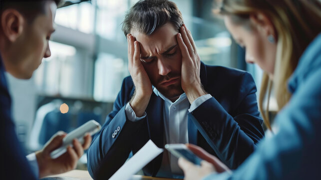 A stressed businessman in a suit holds his head in a gesture of frustration or headache