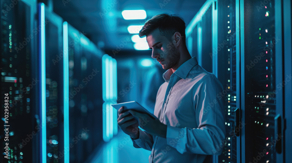 Aufkleber focused it professional using a laptop while standing in a server room with racks of network equipme