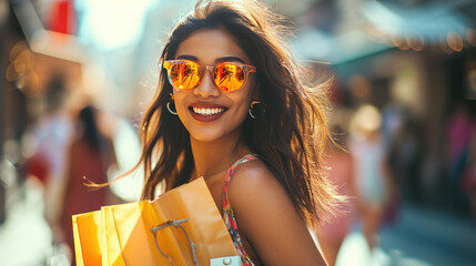 Woman holding shopping bags outdoors on a sunny day