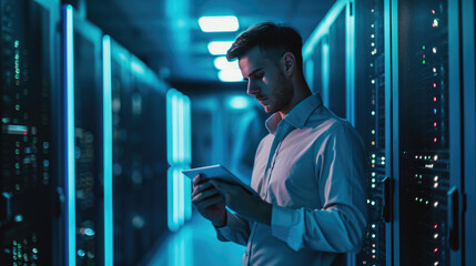Focused IT professional using a laptop while standing in a server room with racks of network equipment illuminated by blue lights