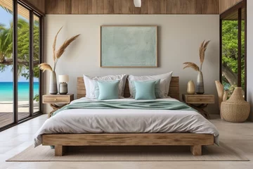 Fotobehang Frame mockup in coastal bedroom interior background, inviting opulent seaside tranquility and luxury © Newton