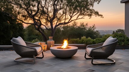 relaxation and socializing concept Outdoor backyard fire pit with gray modern outdoor furniture, chairs sitting on residential terrace at sunset. concept house, comfort, evening relaxation